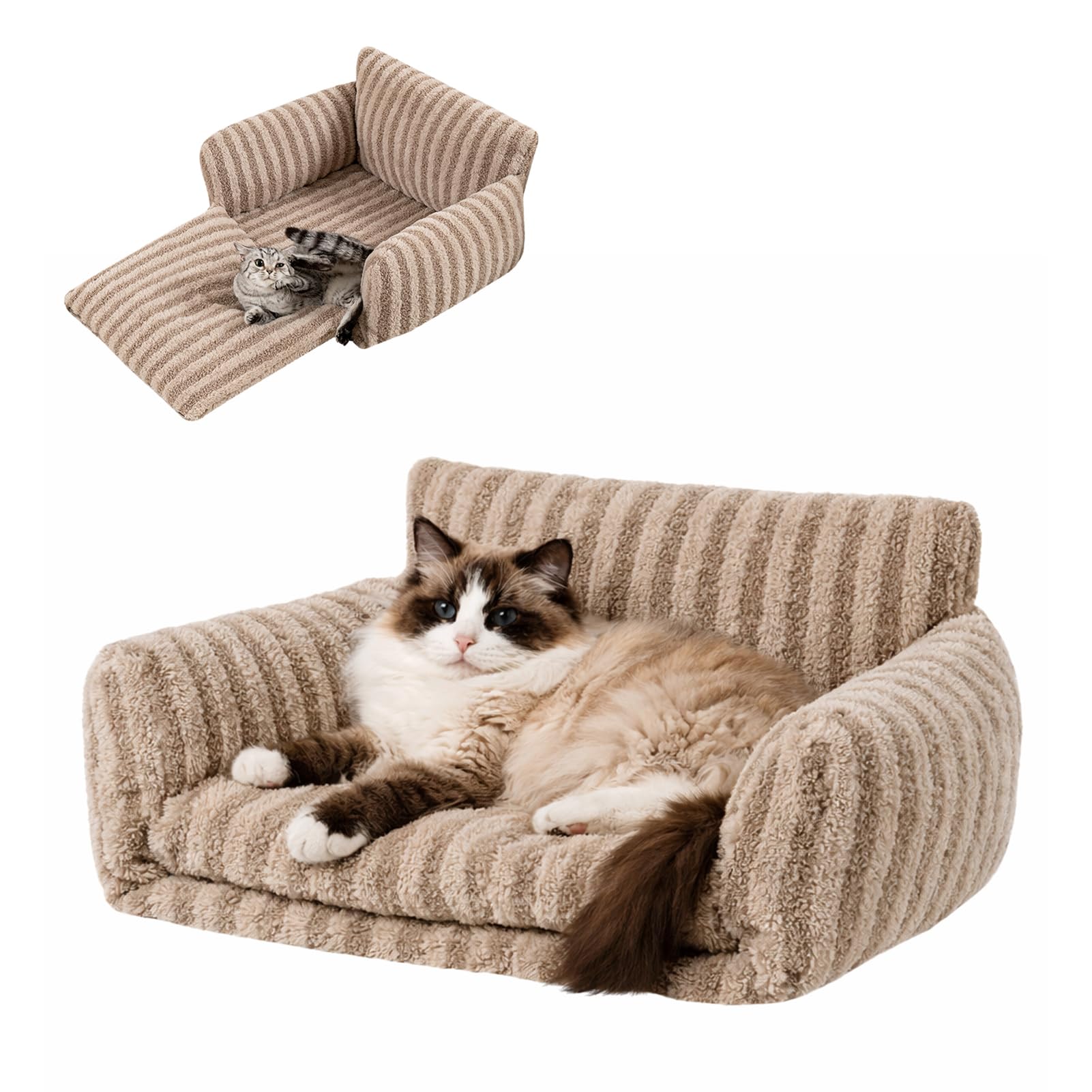 Photo 1 of Hollypet Cat Bed Fluffy Plush Mutifuctional Double-Layer Soft Pet Couch Orthopedic Sofa Nest Beds for Small Cats and Dogs, Khaki (25x20x13 inch)
