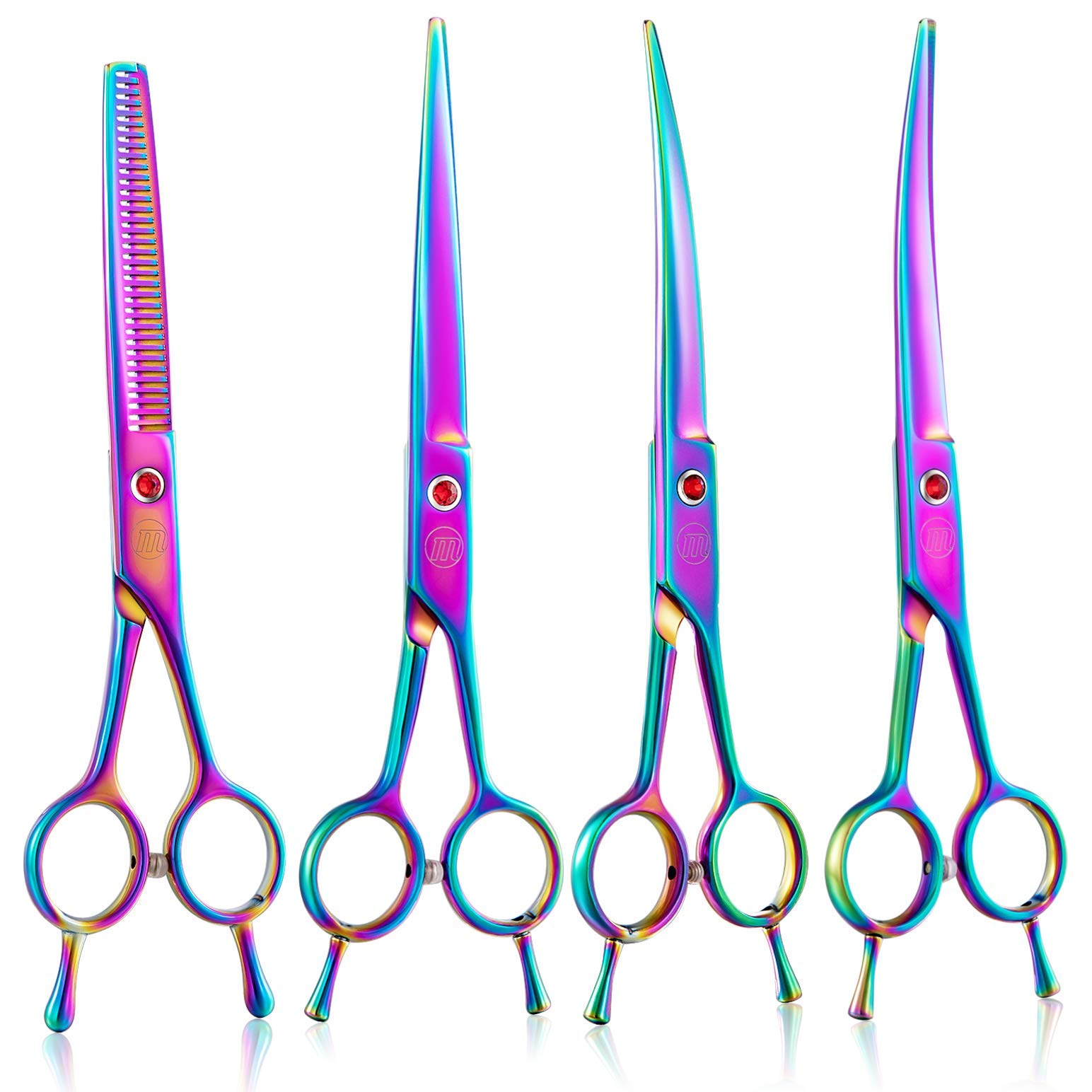 Moontay 7" Dog Grooming Scissors Set, Reversible Trimming Thinning Chunkers, Curved, Straight Cat Pet Grooming Shears with Safety Rounded Tip for Grooming Full Body (Multi-Colored)