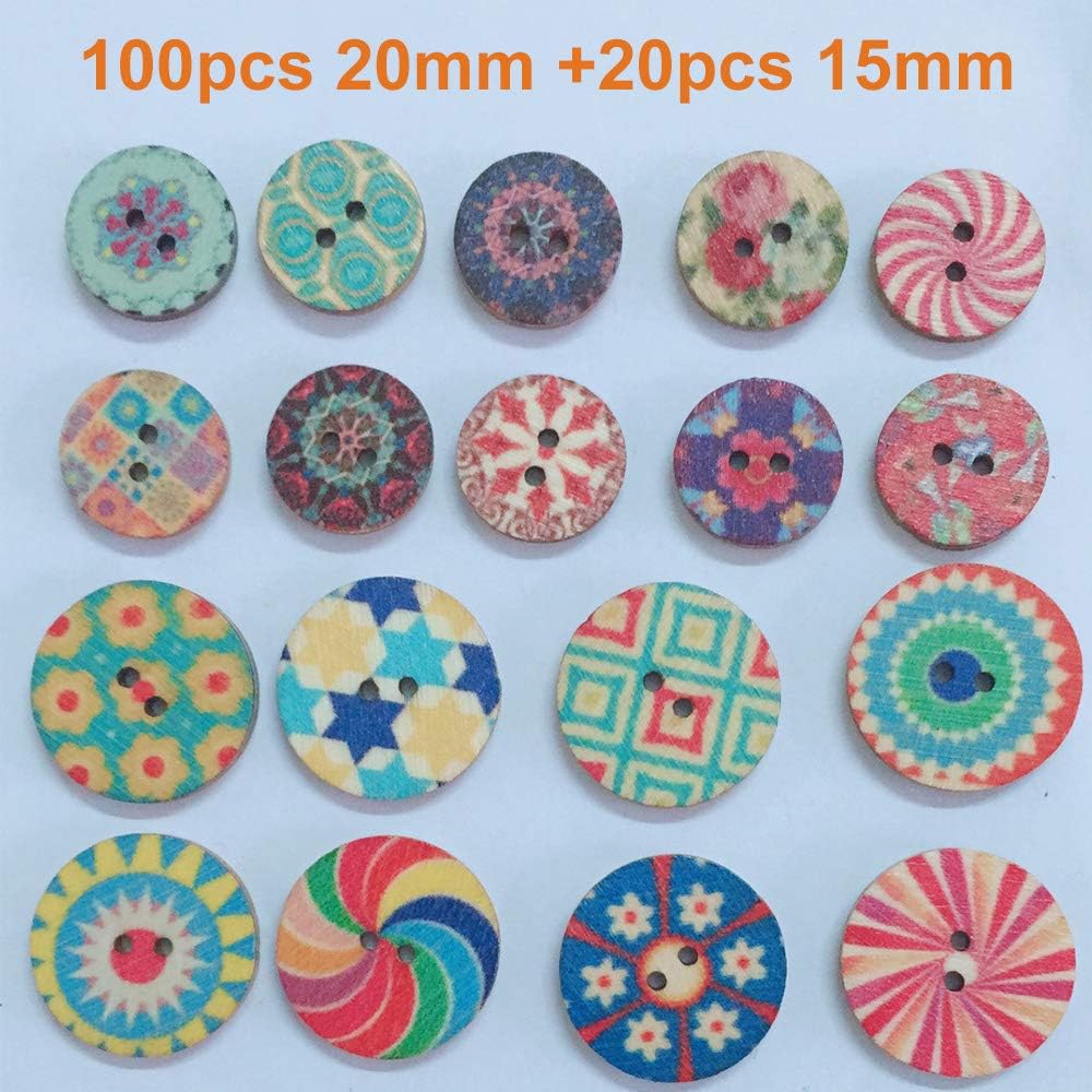 Konrisa 120pcs Vintage Wooden Buttons 15mm 20mm Round Shape Mix Flower Printed Buttons for Crafts 2 Holes Handmade Art Buttons for Baby Clothes Decorative DIY Sewing Fasteners Christmas Home Decoation