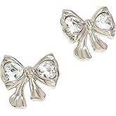 Frigotine Chunky Silver Crystal Rhinestone Bow Stud Earrings for Women,Statement Fashion 14K Gold Heart Cubic Zirconia Ribbon Earing Wedding Prom Jewelry Gift