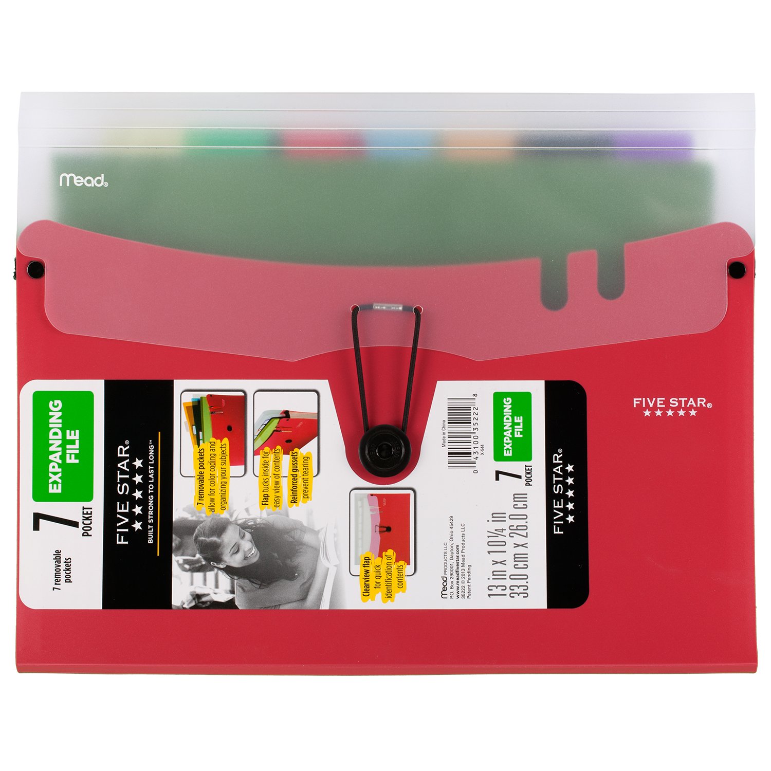 Five Star Expanding File with Removable Files, 7-Pocket Expandable File Folder, 13" x 10-1/4", Red (73944)