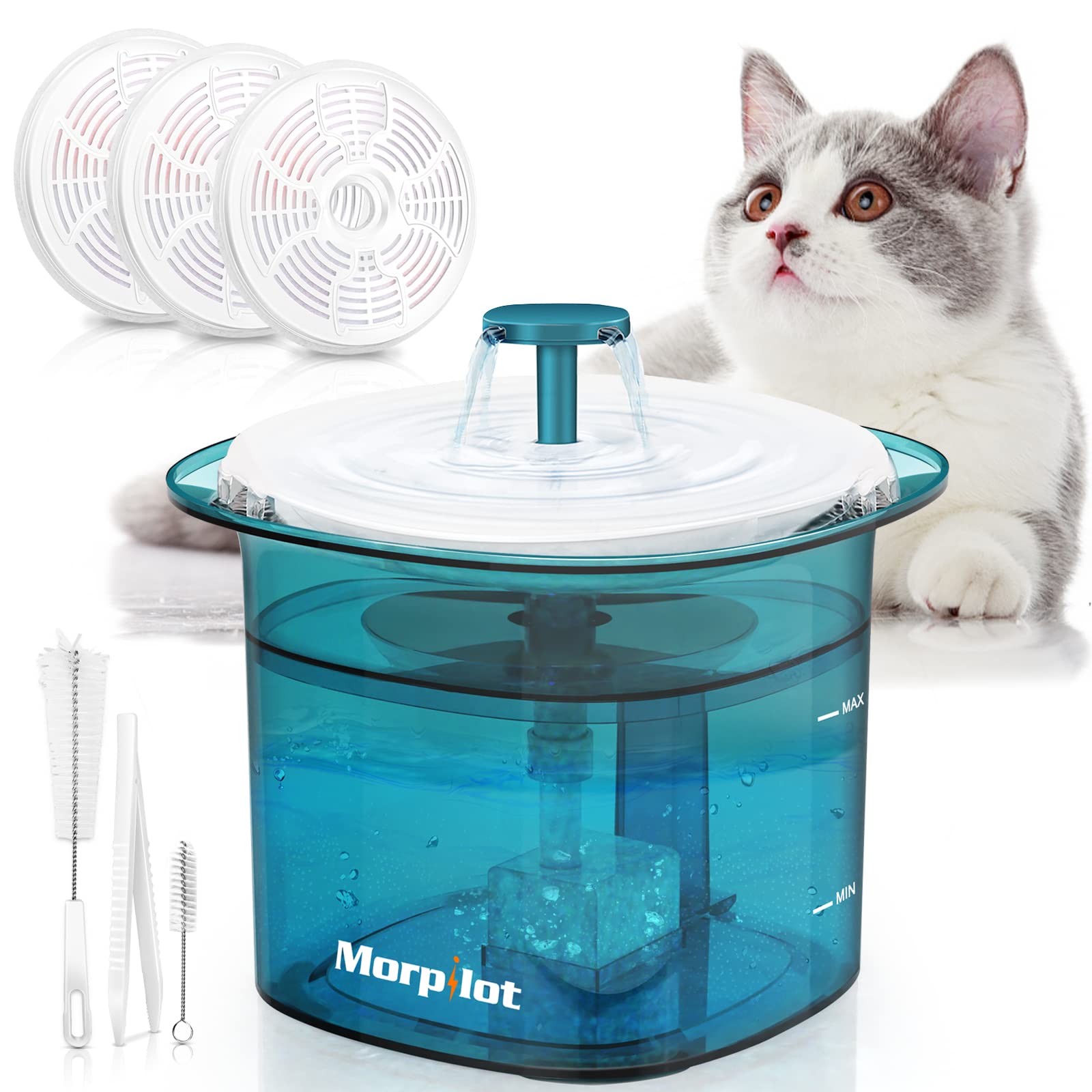 morpilot Pet Water Fountain, 2L Cat and Dog Water Fountain, Cat Water Fountain with Ultra-Quiet Usb Water Pump, Dog Water Fountain with Three Filter Chips and Water Indicator, Quiet and Powerful, Blue