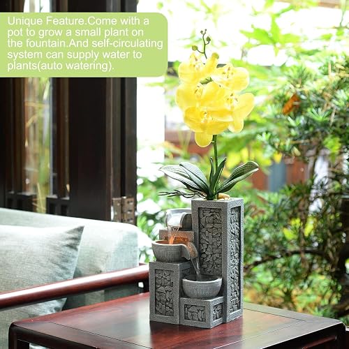 Kalona 11" 3-Tier Tabletop Waterfall Fountain – Imitation Stone Design With LED Lights & River Rocks For Relaxation
