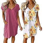 Ekouaer Womens 2 Pack Nightgown V Neck Sleepshirt Short Sleeve Nightshirt Plain/Floral Pajama Dress with Pockets