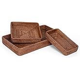 Rattan Serving Tray, Rectangular Woven Tray, Natural Wicker Decorative Serving Baskets for Organizing Tabletop Bathroom Kitchen Counter (Dark Brown)