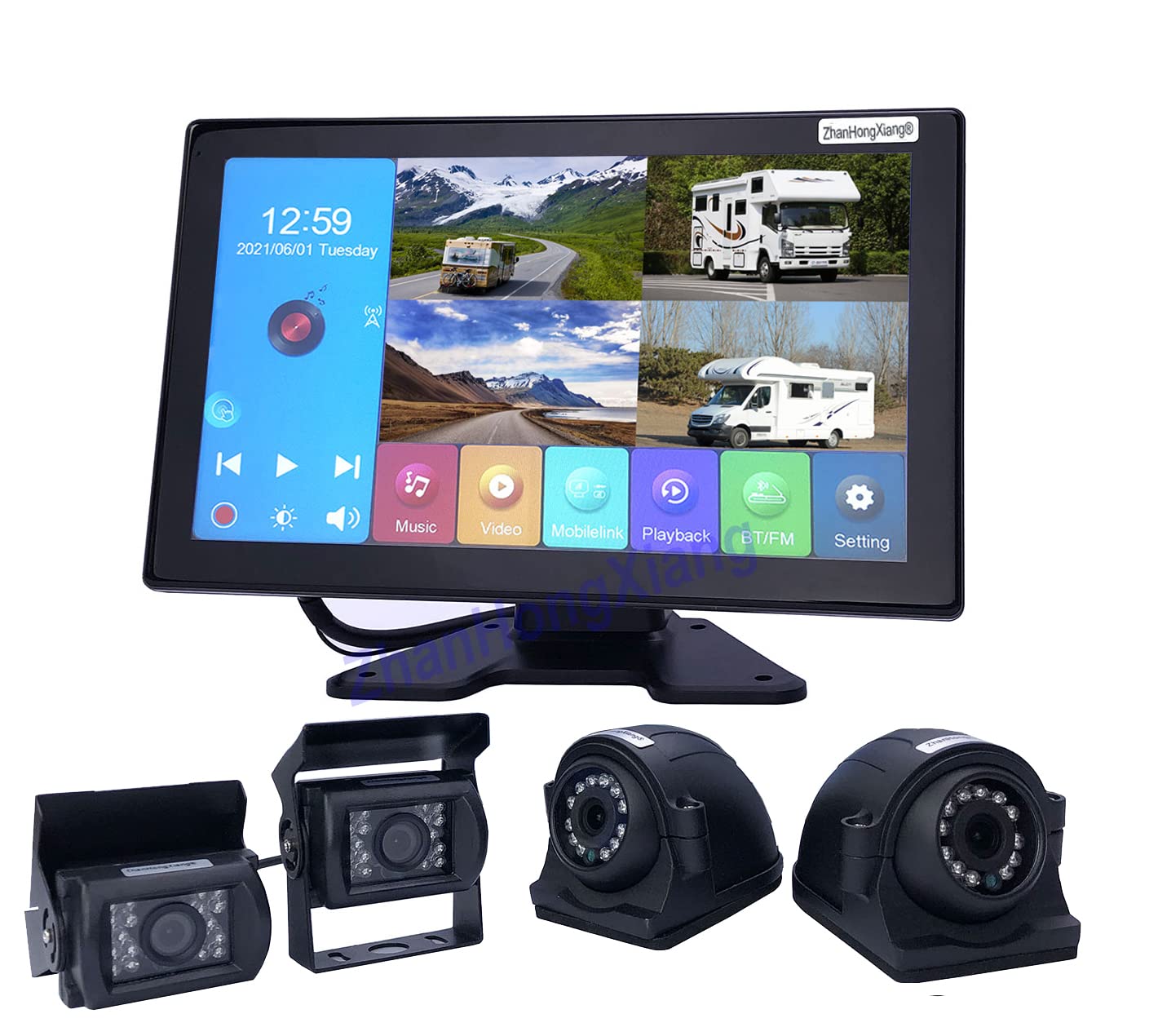 4K AHD 1080P Vehicle Reversing Camera DVR Monitor Kit,4 x Front Side Rear View Parking Backup Wired Camera System+10.1 inch 4-Split Touch Screen MP5 Motorhome Bus Truck Trailer