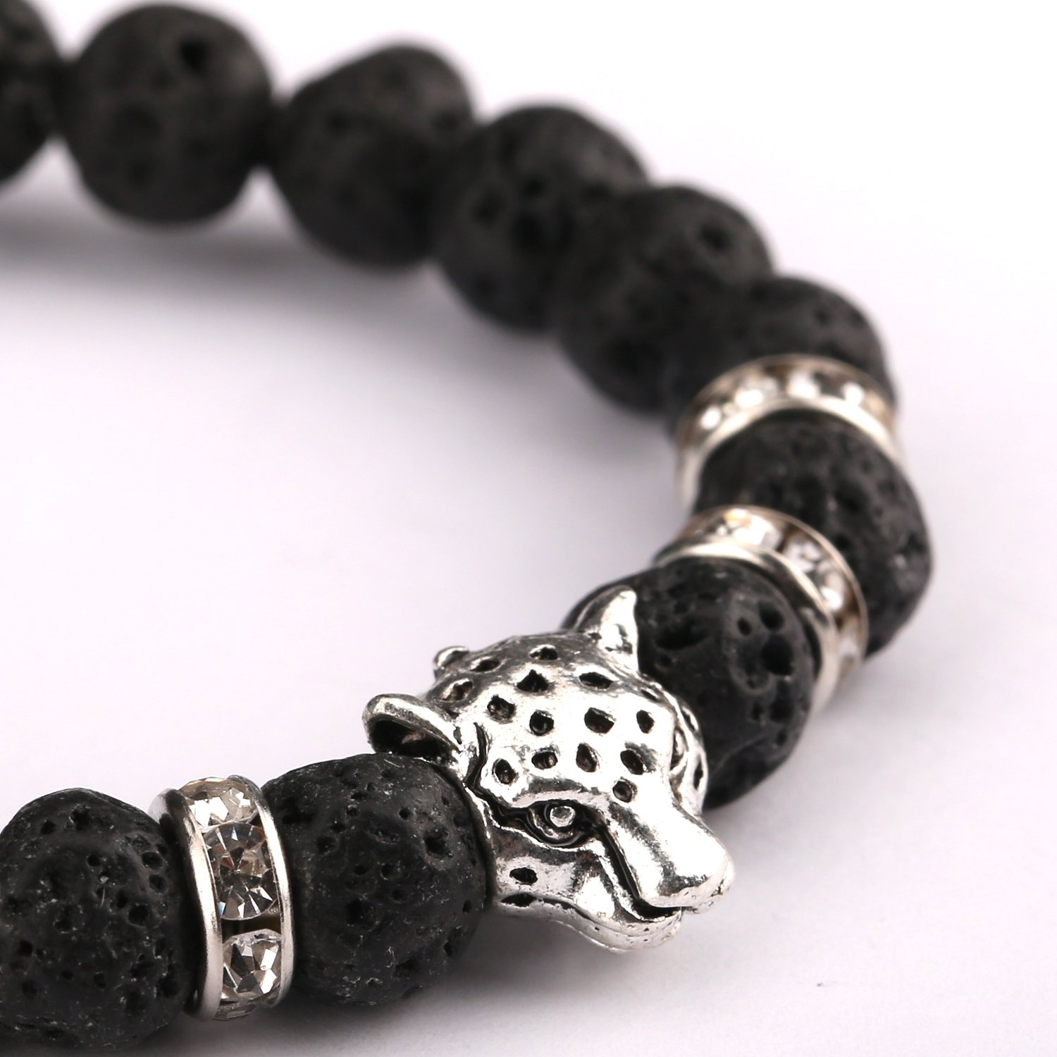 UHIBROS Natural Energy Stone Beads Bangle Lava Stone Gemstone Mens Womens Bracelet, Leopard Head, Gold Silver