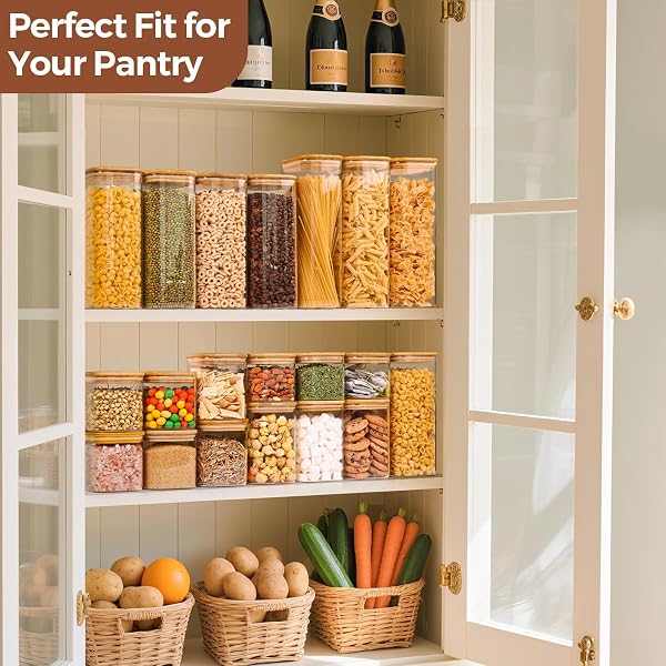 COMSAF GLASS PANTRY STORAGE CONTAINERS (0.7QT/1.2QT/1.6QT) SET OF 6, GLASS STORAGE CONTAINERS WITH LIDS, KITCHEN FOOD STORAGE JAR, SQUARE GLASS JARS FOR FLOUR CEREAL SUGAR TEA COFFEE BEANS SNACKS