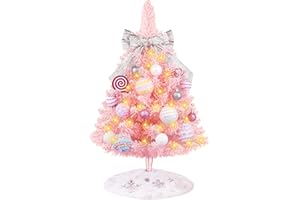 HOMDAILY Mini Pink Christmas Tree, 2ft Artificial Small Table Top Christmas Tree with Bow, Ball Ornaments and White Tree Skir