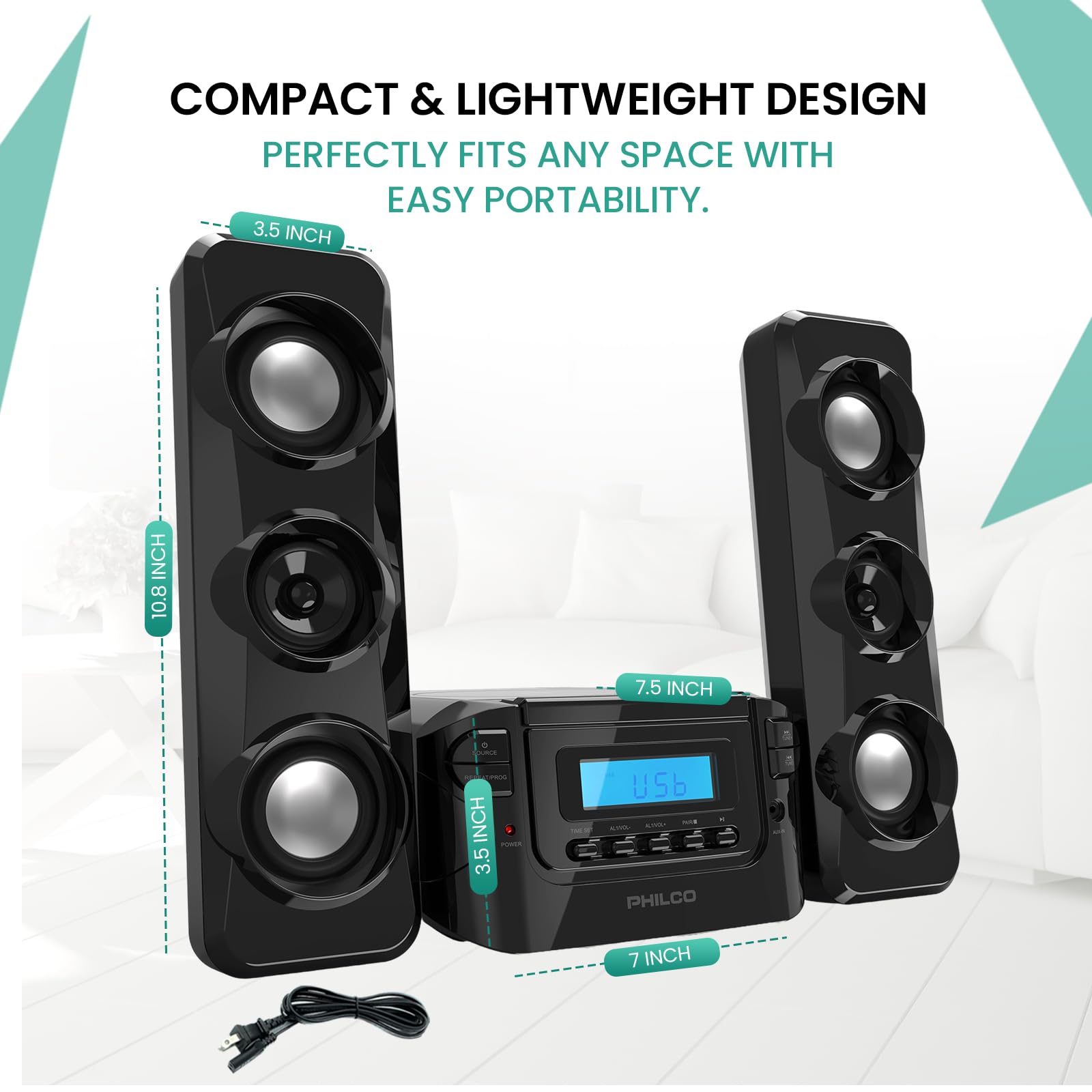 Philco Stereo Shelf Systems Compact CD Shelf System with Digital FM Stereo Radio, Bluetooth Wireless Technology, and Remote Control in Black | LCD Display | MP3 & AUX Port Compatible | USB Playback