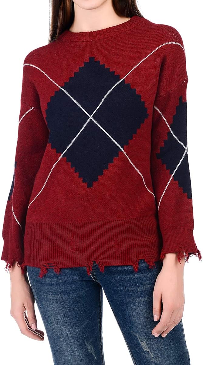 AOO Women Sweater Plaid Print Tassel Pullover Sweater Long Wide Sleeve