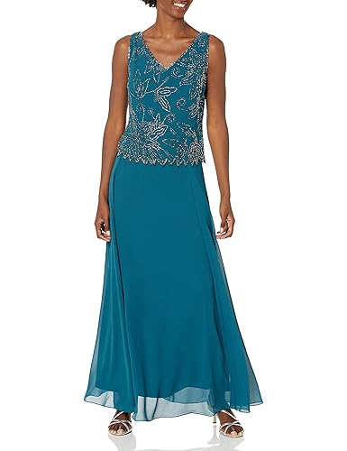 J Kara Women's Plus Size Beaded Long Jacket Dress, Teal Multi, 16W
