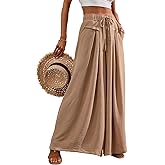 Flowy Wide Leg Palazzo Pants for Women Dressy Summer Casual Elastic Waist Lounge Long Trousers with Pocket