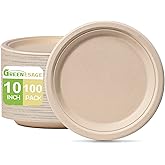 GREENESAGE 10 inch Compostable Plates - 100 Pack, Eco Friendly, Heavy Duty, Large Brown Plates