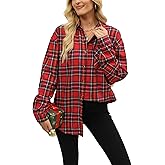 Megfie Oversized Womens Flannel Plaid Soft Flannel Button Down Shirt Roll Up Long Sleeve Flannel Plaid Shirt Blouses Women