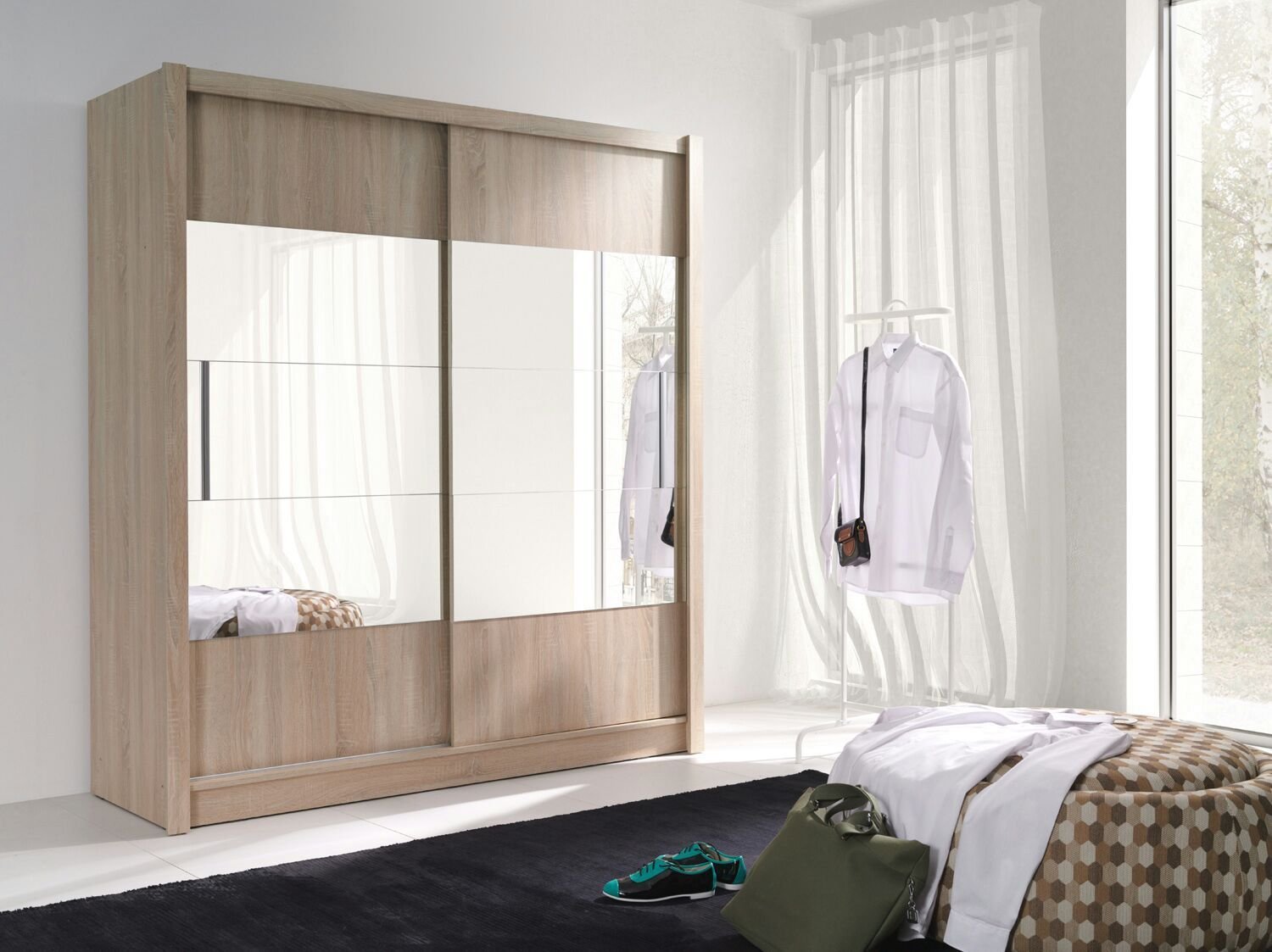 Oak Quality German Style Sliding Wardrobe In Sonoma Oak Black White 185 Cm Modern With 2 Mirror Doors Bedroom Furniture Bedroom Wardrobes Clinicadelpieaitanalopez Com