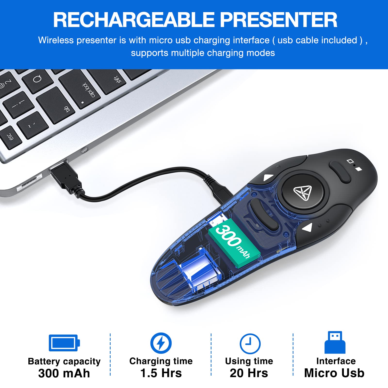 Rechargeable Presentation Clicker Wireless Presenter Remote USB Control Powerpoint PPT Clicker, Red Laser Pointer RF 2.4GHz Presenter Remote Slide Advancer for Computer/Laptop/Mac/Keynote