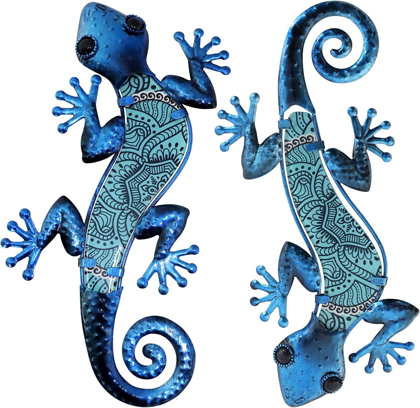 Plaques & Wall Art - HONGLAND 2Pcs Metal Gecko Wall Decor Lizard Garden Art Color Hanging Glass Sculpture for Indoor Outdoor Patio Fence (Blue)