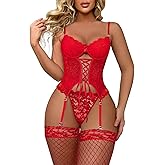 Lilosy Sexy Floral Lace Up Corset Garter Lingerie Set