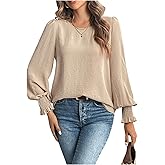 MakeMeChic Women's Bell Sleeve Frill Trim Shirred Crew Neck Office Shirt Blouse Tops