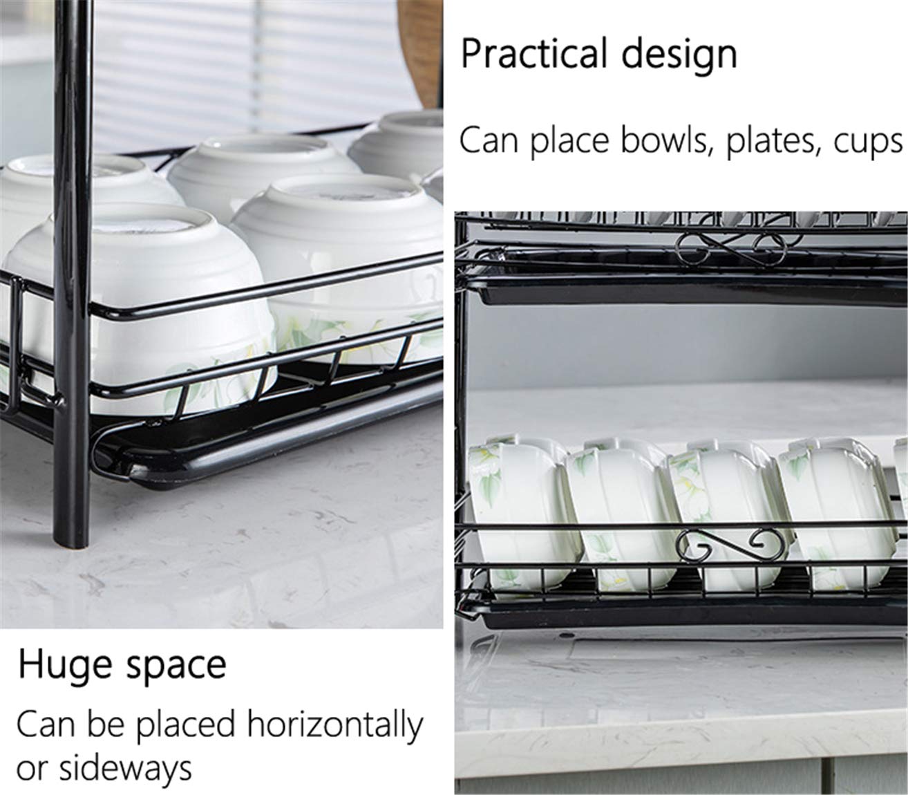 Dish Drying Rack 2-Tier Chrome Plating Dish Rack Stainless Steel Kitchen Dish Drainer Rack Organizer Tool-Free Installation With Utensil Holder/Drain Board/Cup Hoder 2 Layers Cutlery Rack