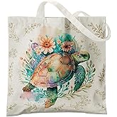 Veqzc Summer Beach Tote - Floral Sea Turtle Canvas Tote, Women's Turtle Lovers Gift, Reusable Grocery Bag