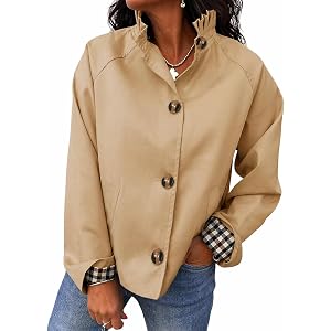 Cicy Bell Womens Ruffle Short Trench Coat Single Breasted Cropped Jackets | Stand Collar, Fall Jackets, Outerwear Coats, Butt