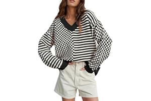 UNCLECAT Women's Striped Checkered Sweater 2025 V Neck Fall Sweaters Casual Knit Trendy Pullover Tops