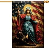 Starlit Patio Christmas Virgin Mary House Flag 28x40 Inch Double Sided Holy Mother Conquering Evil Cross Olive Branch USA Flag Christian Nativity Religious Holy Night Winter Holiday Outdoor Yard Garden Home Decoration