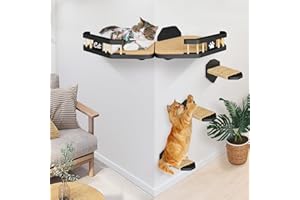 UIPAME Cat Wall Furniture Wall Mounted, 2PCS Cat Shelves and Cat Perches for Wall with 3 Cat Wall Steps and Scratching Pad, Cat Wall Shelves Fit Cat Up to 15Lbs, Wood Cat Hammock Wall Mount (Black)