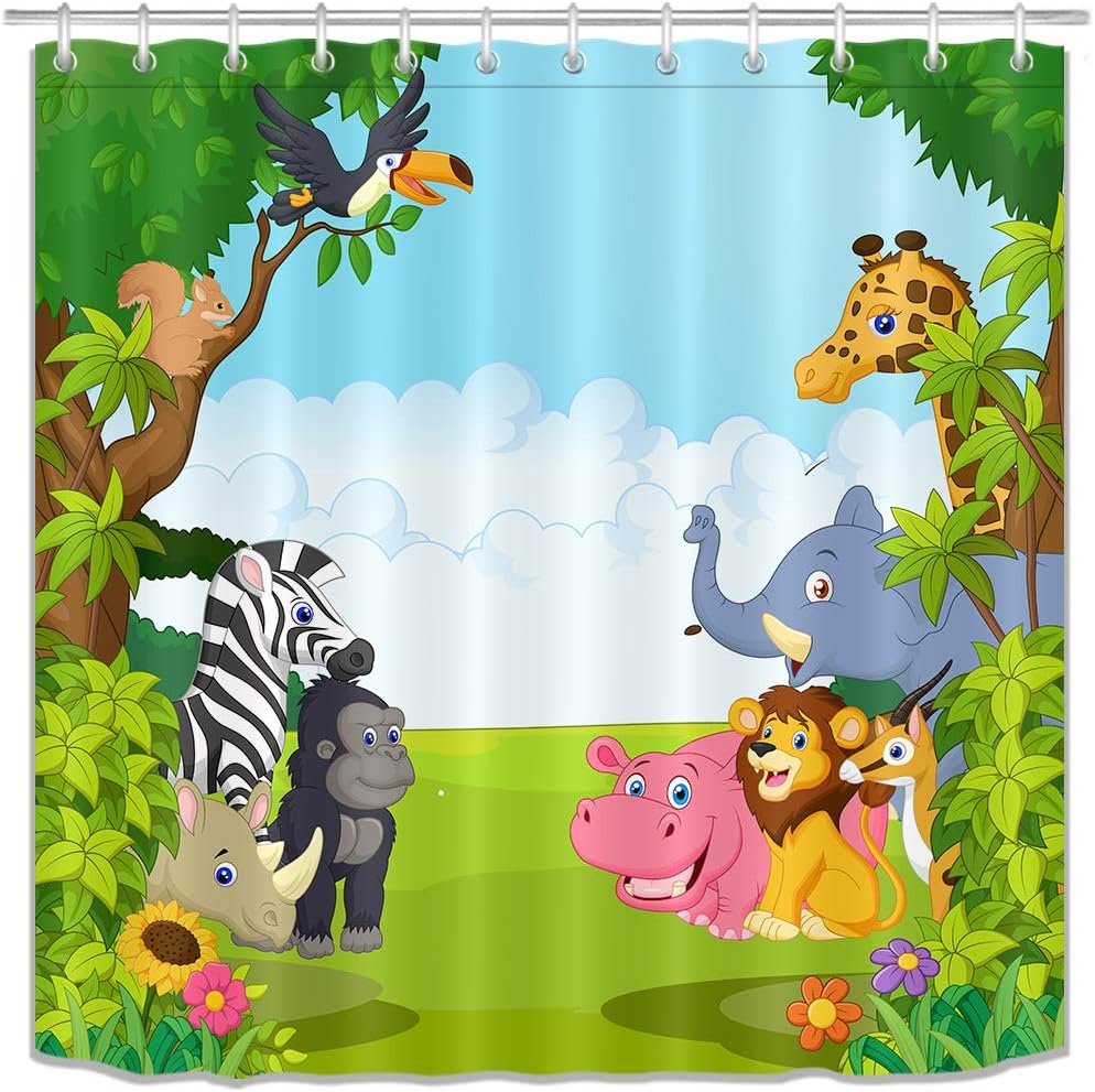 Wildlife Safari Shower Curtain Set Kids Bathroom Curtains Cartoon Animals in Jungle Forest Cute Bathroom Decorations with Hooks Waterproof Fabric 72x72 inch