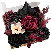 Ling's moment Fake Flowers Box, Faux Artificial Greenery Stems Foam Roses Dahlia Silk Maple Leaf Fabic Flower for Centerpieces Bouquet Wedding Vase Floral Decorations, Burgundy & Black, Mini Combo
