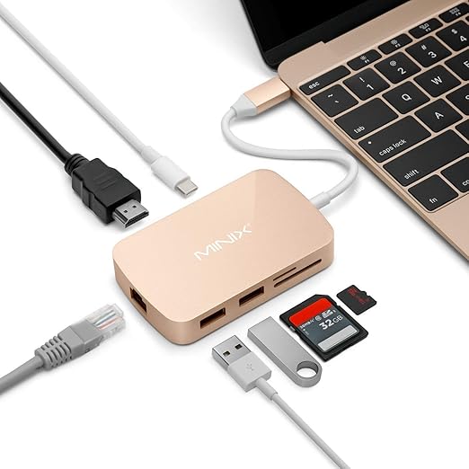 MINIX NEO C-X, USB-C Multiport Adapter mit HDMI – Gold [10/100Mbps Ethernet] (Kompatibel mit Apple MacBook and MacBook Pro). 