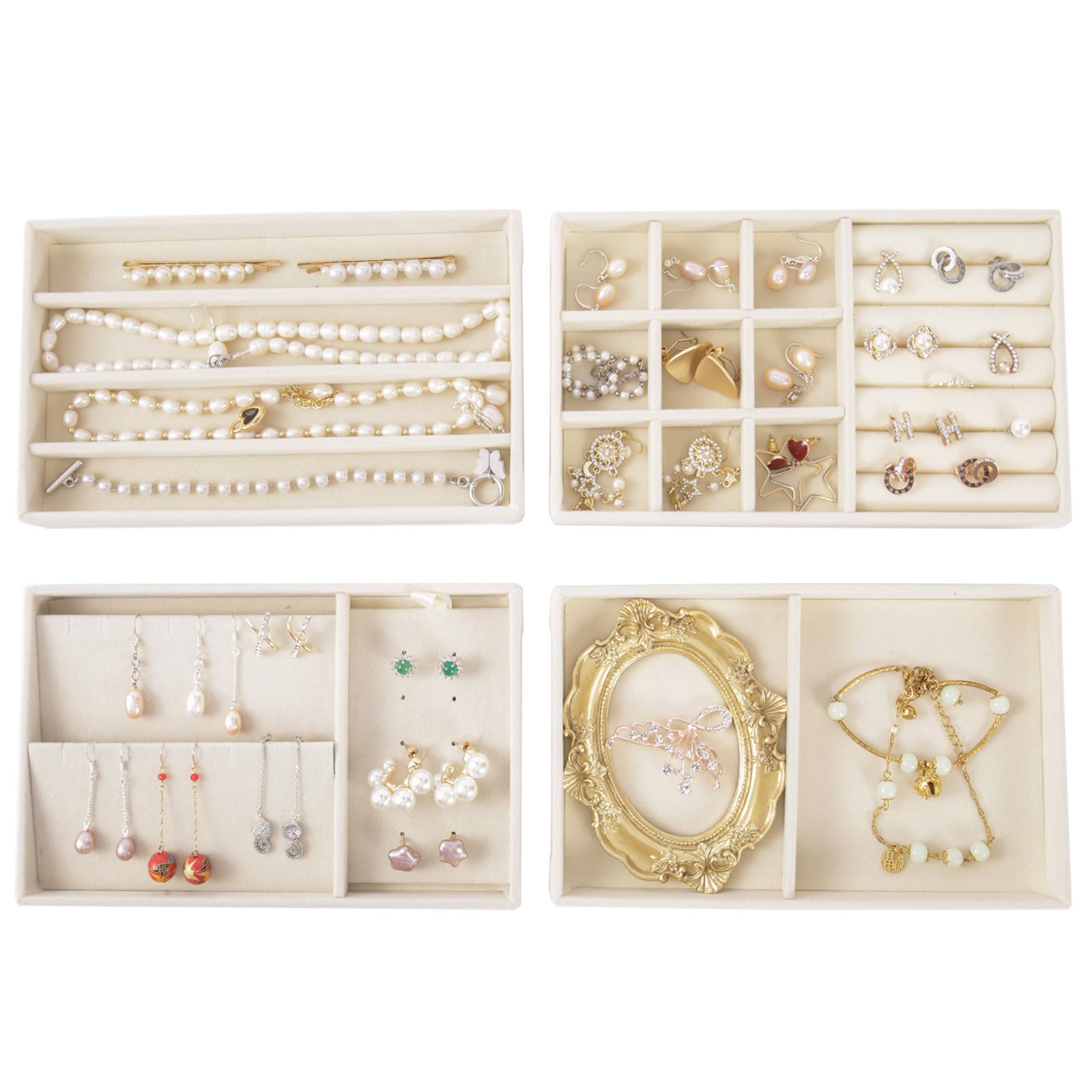 Photo 1 of 2025 New Jewelry Drawer Organizer Inserts, Stackable Velvet Jewelry Storage Tray for Dresser Drawers, Beige Flat Stacking Display Case for Rings Stud Necklaces Accessories