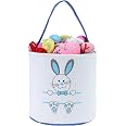 Easter Bunny Basket Easter Bucket Egg Hunt Basket For Kids, Canvas Rabbit Print Basket W. Fluffy Tail, Candy Egg Toy Easter Basket Tote W. Handle (Pink New Blue New