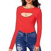 Urvicor Womens Long Sleeve Tops Cut Out Front Ribbed Fitted Sexy Cute Casual Tops Tee Dressy T-Shirts Tshirt