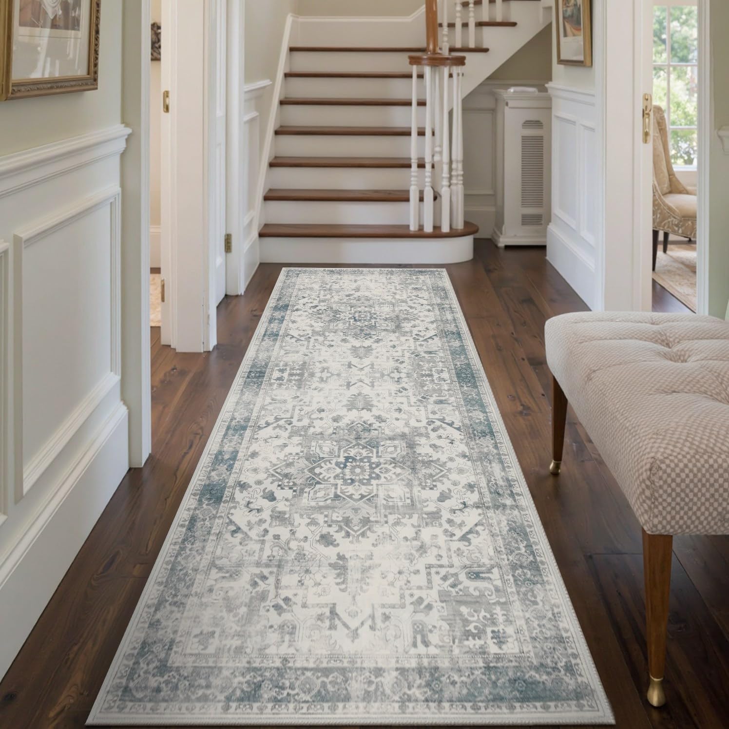 Rugxara 2x6 Washable Runner Rug, Non Slip Boho Runner Rugs for Hallway, Kitchen, Entrance, Bathroom, Laundry Room, Soft Ultra-Thin Entryway Carpet, Throw Low Pile Retro Imitation Carpet, Blue Grey Image