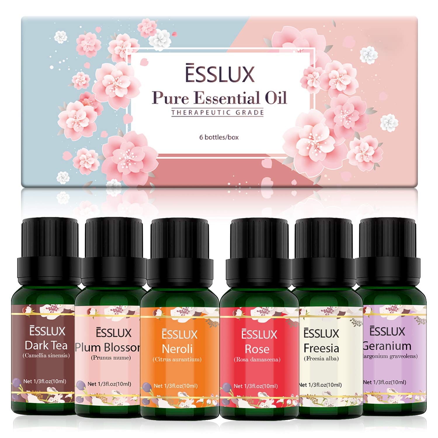 Essential Oils Set, ESSLUX Floral Collection with Rose, Neroli, Geranium, Freesia, Plum Blossom, Dark Tea Essential Oils, Perfect for Diffuser, Home Fragrance & Massage, 6x10 ML: Beauty