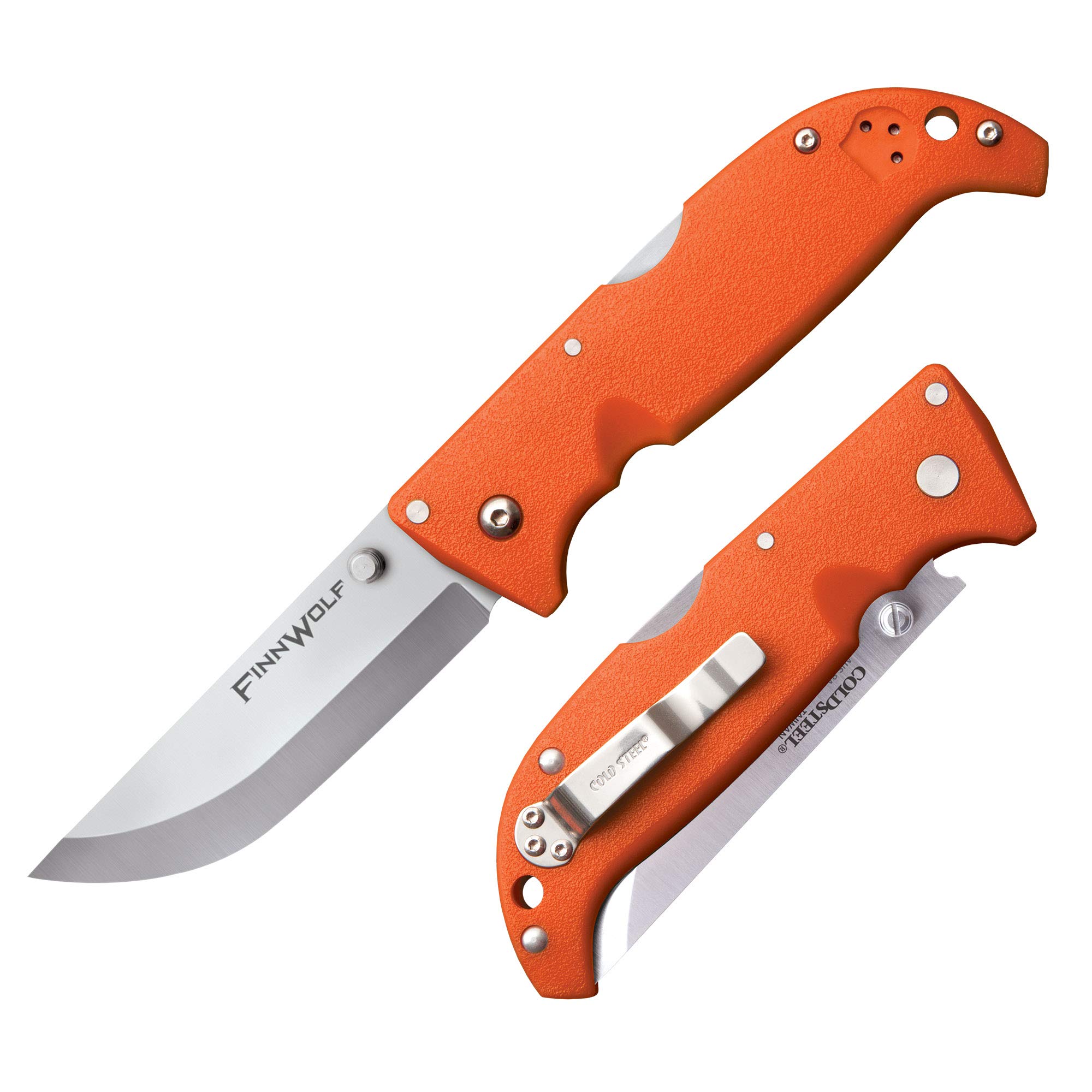 Cold Steel Finn Wolf 3.5in AUS8A Hoja trasera recta afilada 4.375in Griv-Ex Blaze Cuchillo plegable de caza con mango naranja, en caja