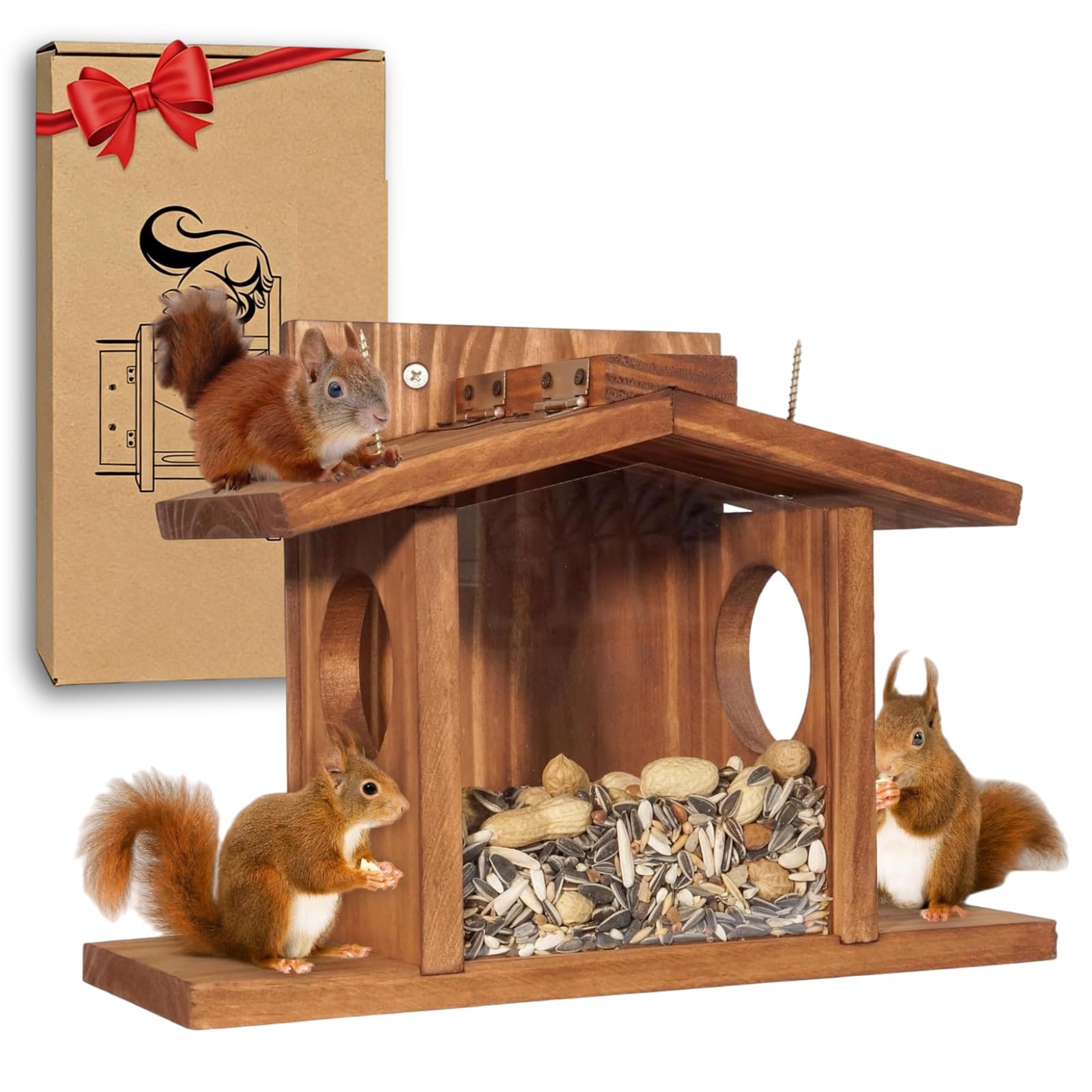 Wooden Squirrel Feeder for Outdoor Winter Garden, Backyard - Waterproof, Durable Design, Squirrel Feeder & House Just for Squirrels