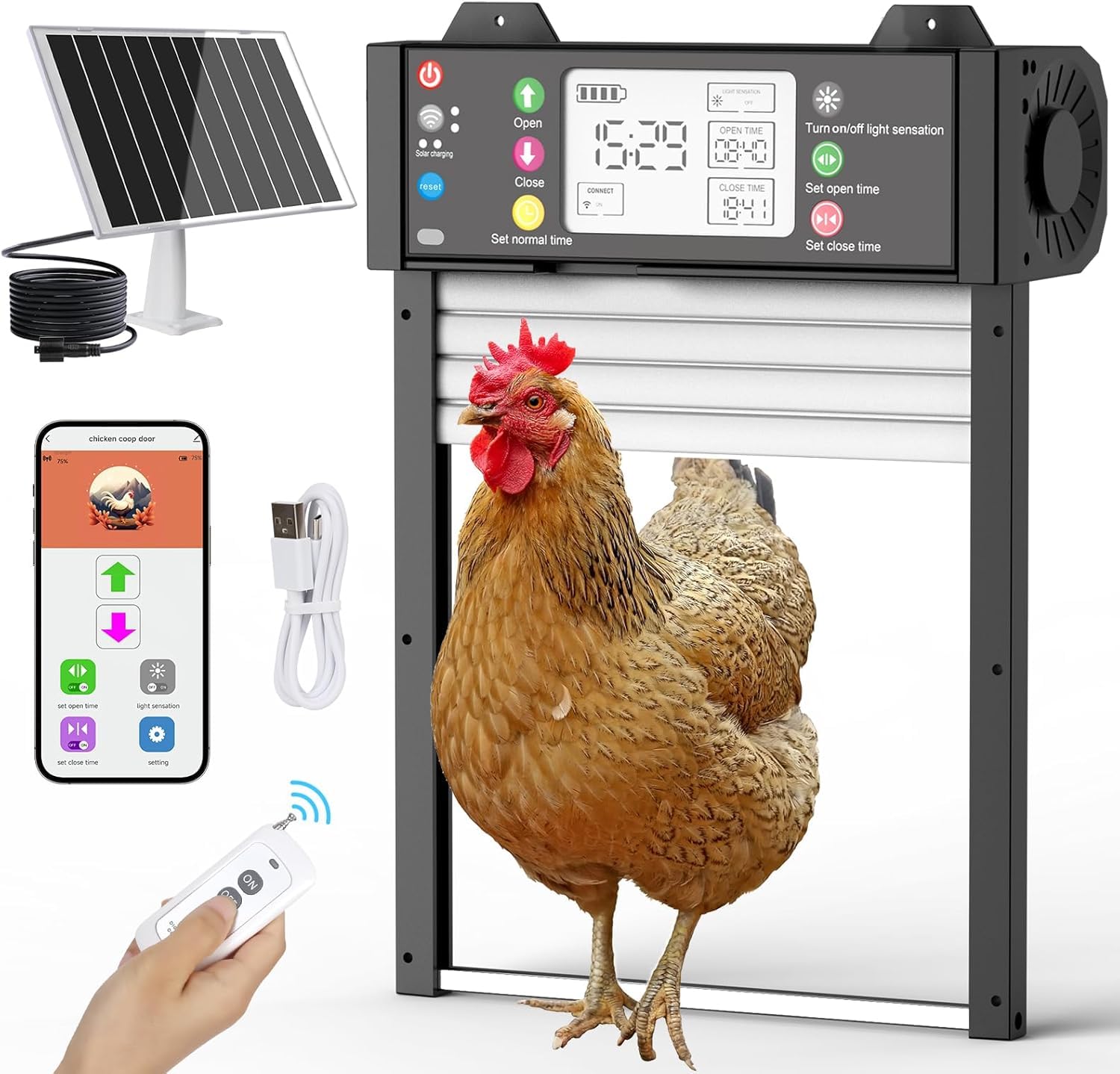 Photo 1 of **FOR PARTS ONLY/DOOR WILL NOT OPEN OR CLOSE** Automatic Chicken Coop Door, Solar Powered, Smart TUYA APP Controlled, 200ft WiFi Enabled, Anti Pinch, Auto Chicken Door with LCD Display, Light Sensor & Timer, 5 Modes