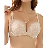 Pushlus Push Up Thick Padded Bra Plunge Lace Underwire Support Bras for Women Add One Cup