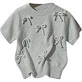 WDIRARA Women's Bow Short Sleeve Sweater Cute Crew Neck Lightweight Pullover Jumper Knit Tops