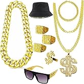Domchan 80s 90s Retro Hip Hop Costume Set with Faux Gold Chains Punk Sunglasses Dollar Sign Ring