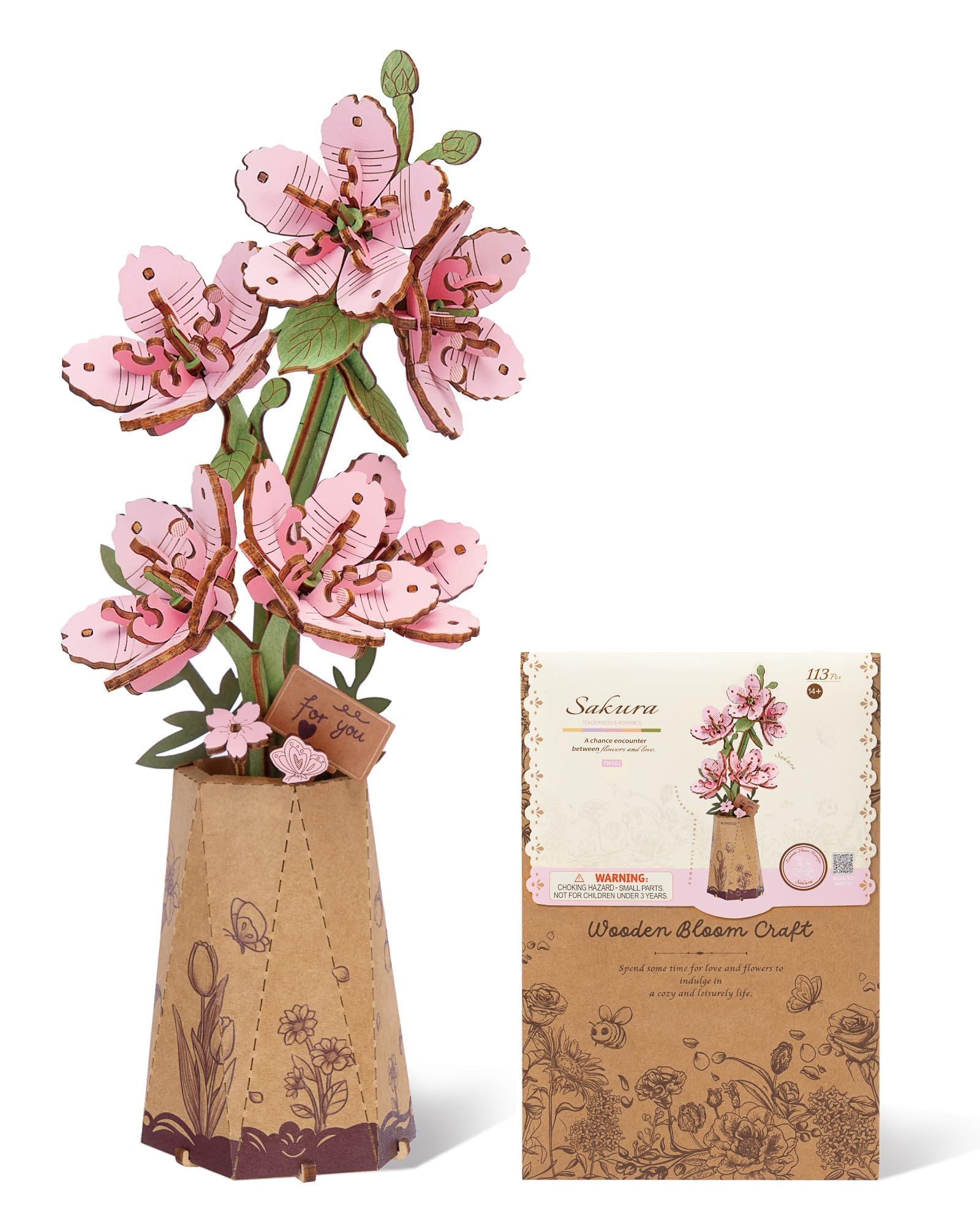 ROBOTIME 3D Wooden Flowers Puzzle Sakura, Artificial Bloom Jigsaw, Model Kits for Adults to Build, DIY Craft Set, for Valentine's Day, Mother's Day and Christmas — image 1