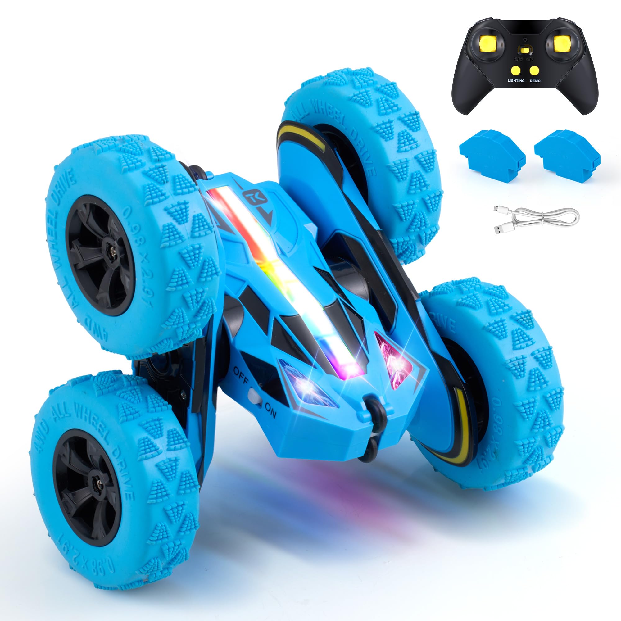 Threeking Remote Control Car RC Cars Toys for Boys Girls Ages 6-12, Upgraded USB-C Modular Batteries, 4WD Stunt Car with Breathing Soft Lights, Double-Sided Driving & 360° Flips, Presents Gifts, Blue Image