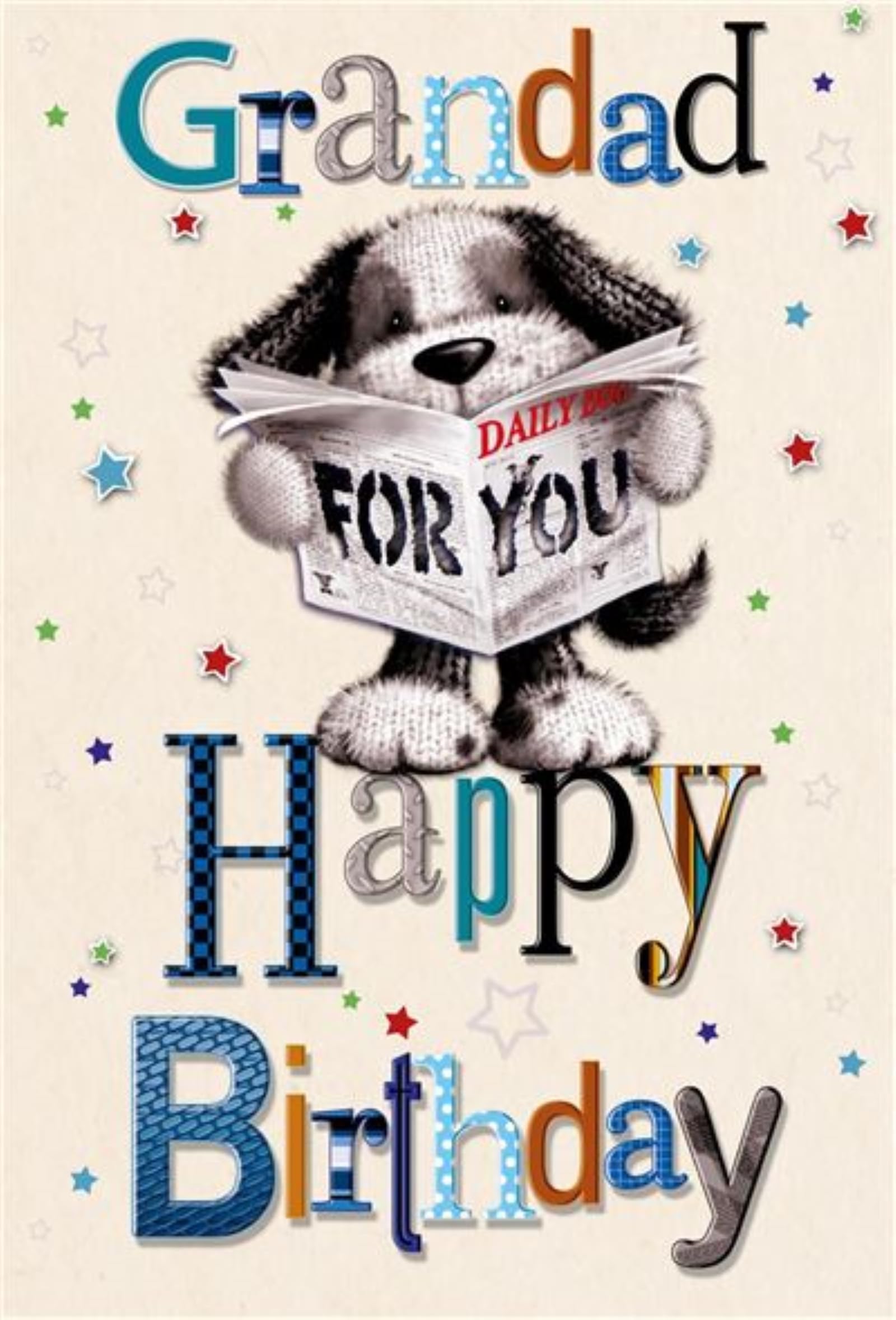 Grandad Birthday Card - Knitted Dog Reading Newspaper and Stars 7.75x5.25
