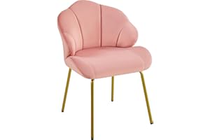 Yaheetech Vanity Chair, Velvet Accent Chair with Shell-Shaped Backrest, Modern Armchair with Gold Metal Legs for Dressing Room/Bedroom/Living Room, Pink