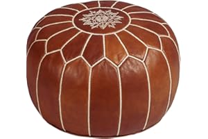 Mina Poufs Stuffed Round Design Moroccan Leather Pouf Ottoman, Handmade, Pre-Filled, 100% Genuine Leather, 13” Height x 20” Diameter, Footstool & Living Room Décor (Dark Tan)