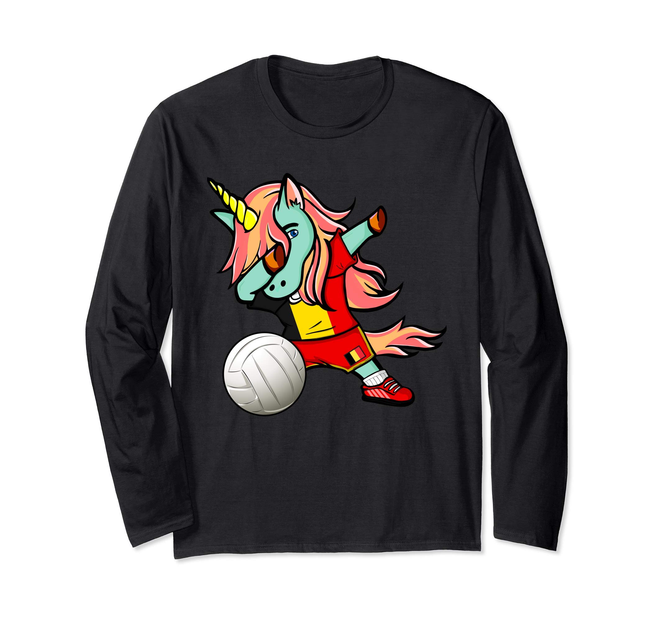 Dabbing Unicorn Belgium Volleyball Lover Jersey Belgian Flag Long Sleeve T-Shirt